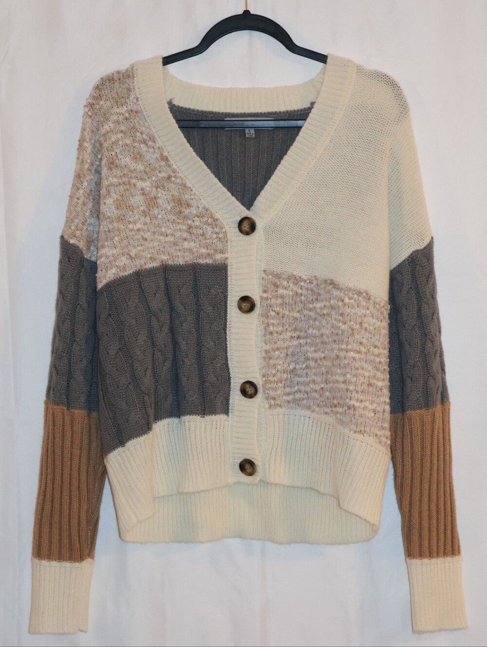 Absolutely Famous Multicolored Colorblock V-Neck Knit Patchwork Button Cardigan.